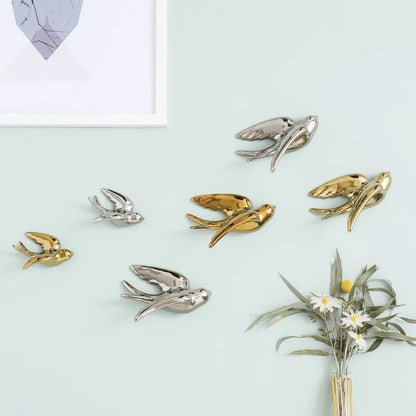 DecorBites™ Golden Bird Swallow Sculpture Wall Decor Three-dimensional Handicrafts