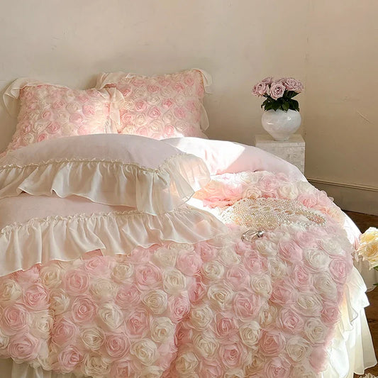 Decobites Luxe Rose Lace Ruffles Princess Bedding Set - 4Pcs