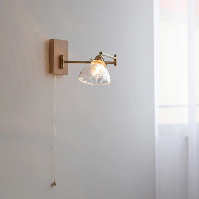 DecorBites™ Clear Glass Copper LED Wall Light with Pull Chain Switch & Walnut Wood Canopy