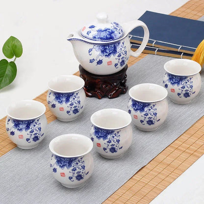DecorBites™ Double Ceramic Teaware Set: 1 Tea Pot + 6 Cups, Chinese Gongfu Tea Set