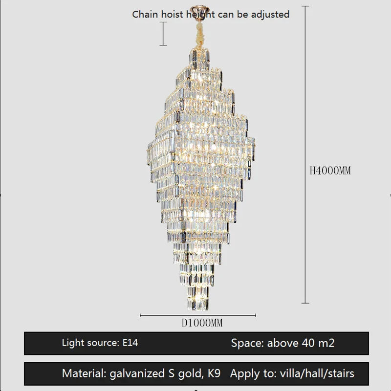 Lámpara de araña grande de cristal AFRALIA para escaleras de lofts de villas dúplex, salas de estar y recibidores.