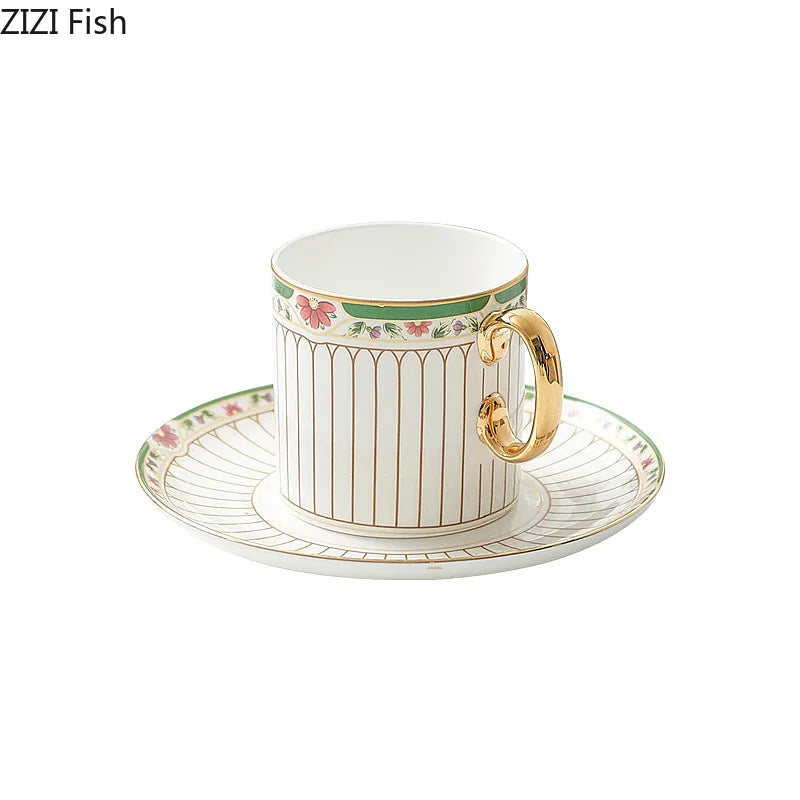 DecorBites™ Gold-Striped Ceramic Cup & Saucer Set for Dining Table Coffee Milk Tea Juice