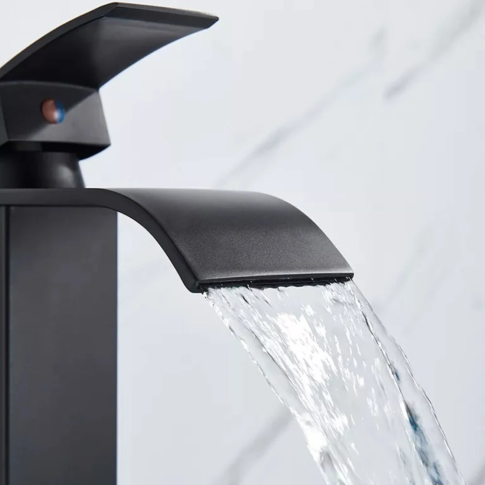 Black Waterfall Bathroom Faucet Basin Vanity Vessel Sinks Mixer Tap Cold And Hot Water Tap Single Hole Bath Sink Faucets Crane