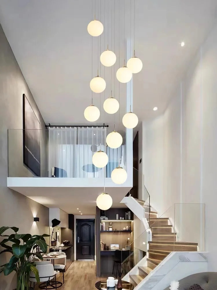 Stair long chandelier light luxury living room loft high duplex building hollow Nordic minimalist glass spherical LED light