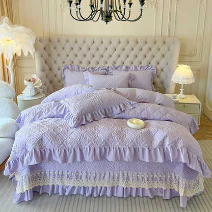 Decobites Korean Princess Style Quilted Bedding Set with Lace Ruffles 200x230cm