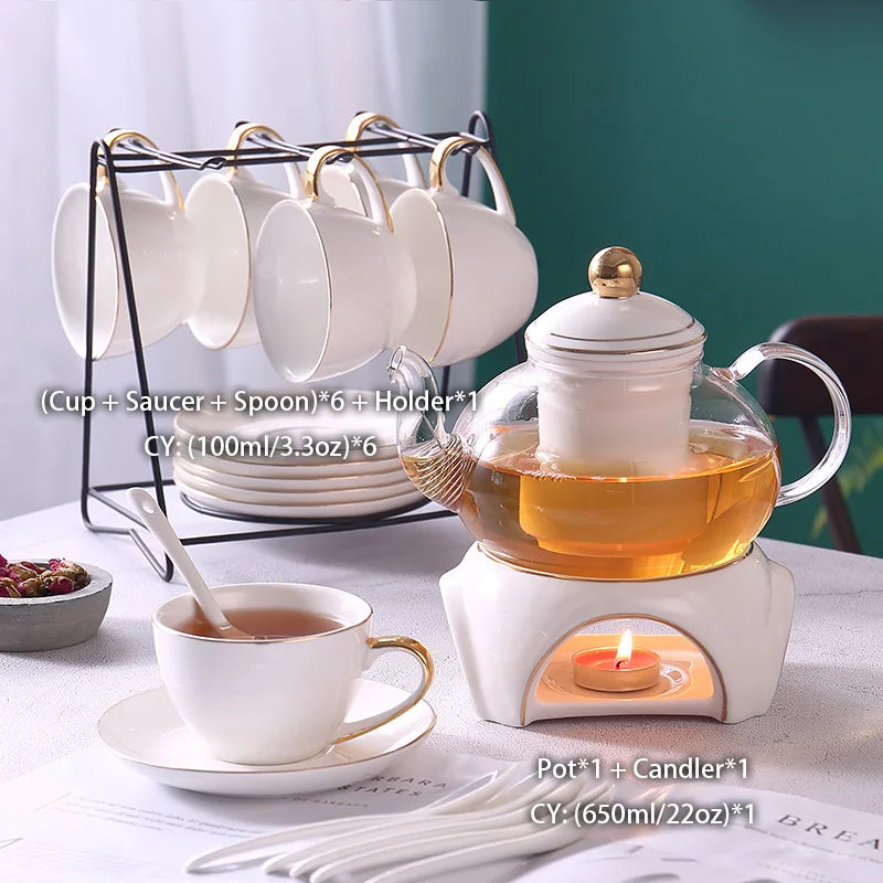 DecorBites™ Gold White Ceramic Tea Set with Glass Teapot - Elegant Teaware Collection