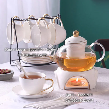 DecorBites™ Gold White Ceramic Tea Set with Glass Teapot - Elegant Teaware Collection