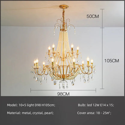 DecorBites™ Gold Crystal Pearl Chandelier LED Pendant Lights Luxe Living Room Decor