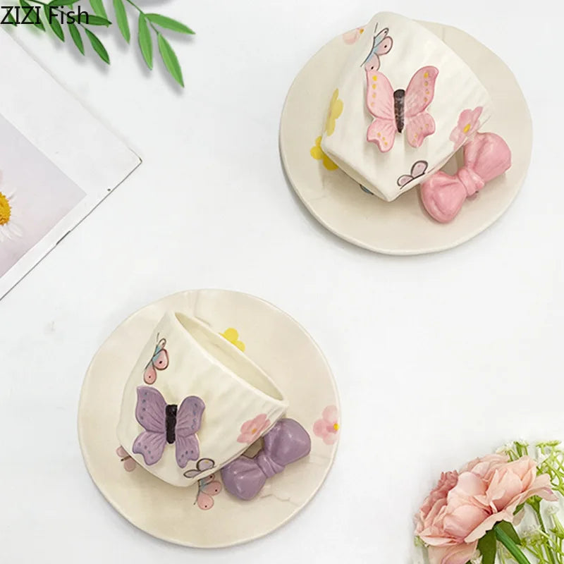 DecorBites™ Bowknot Ceramic Cup & Saucer Set for Dining Table and Coffee - Tea & Juice Mug