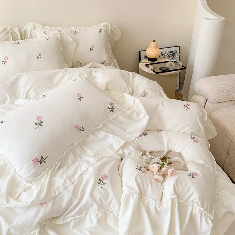 Decobites Rose Flowers Ruffle Lace Bedding Set, Washed Cotton Duvet Cover, Skin Friendly