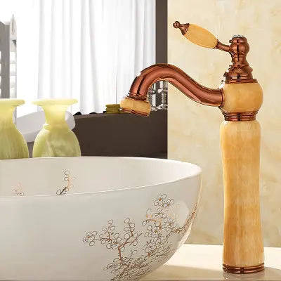 Decorbites™ Grifo de Lavabo de Baño en Oro, Jade y Latón | Montado en Cubierta Mezclador de Agua Caliente y Fría