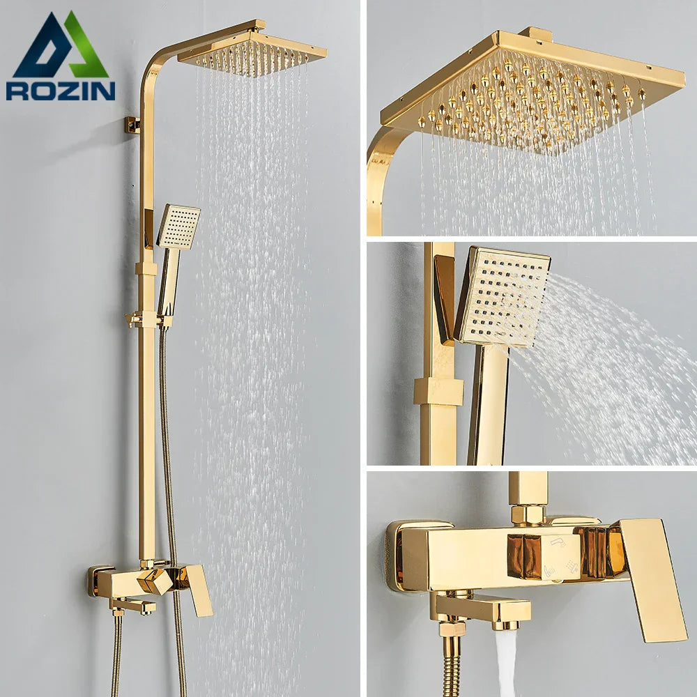 Juego de Grifos Decorbites™ Golden Shower con Ducha de Lluvia de 8", Ducha de Mano Montada en la Pared