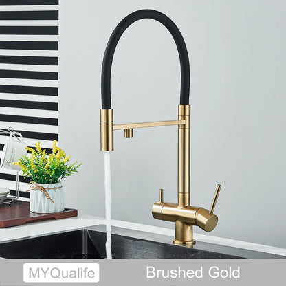 Grifo de cocina filtrado negro Decorbites™ de latón con doble manija para agua pura mezcladora