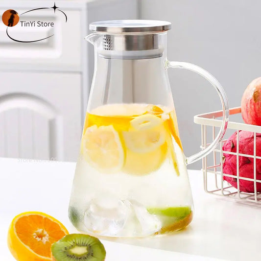 DecorBites™ Glass Pitcher - Large Heat-Resistant Borosilicate Jug with Stainless Steel Lid