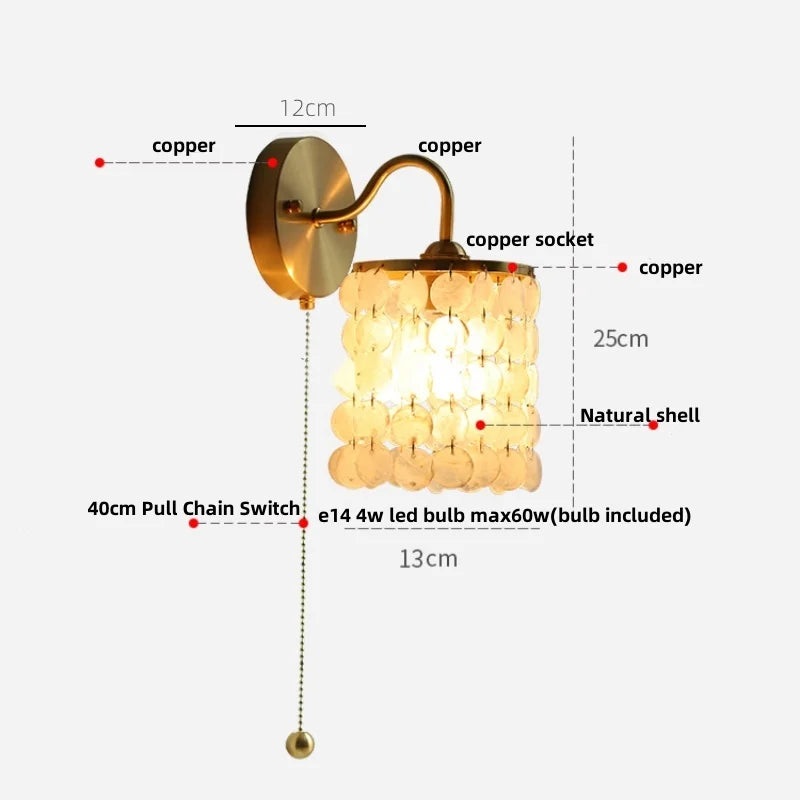 DecorBites™ Crystal LED Wall Sconce Pull Chain Switch Brass Mirror Light