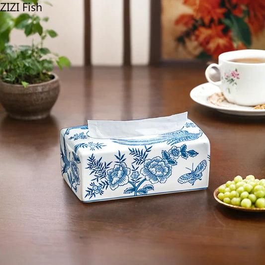 DecorBites™ Blue White Porcelain Tissue Box Ceramic Paper Towel Holder Vintage Home Decor