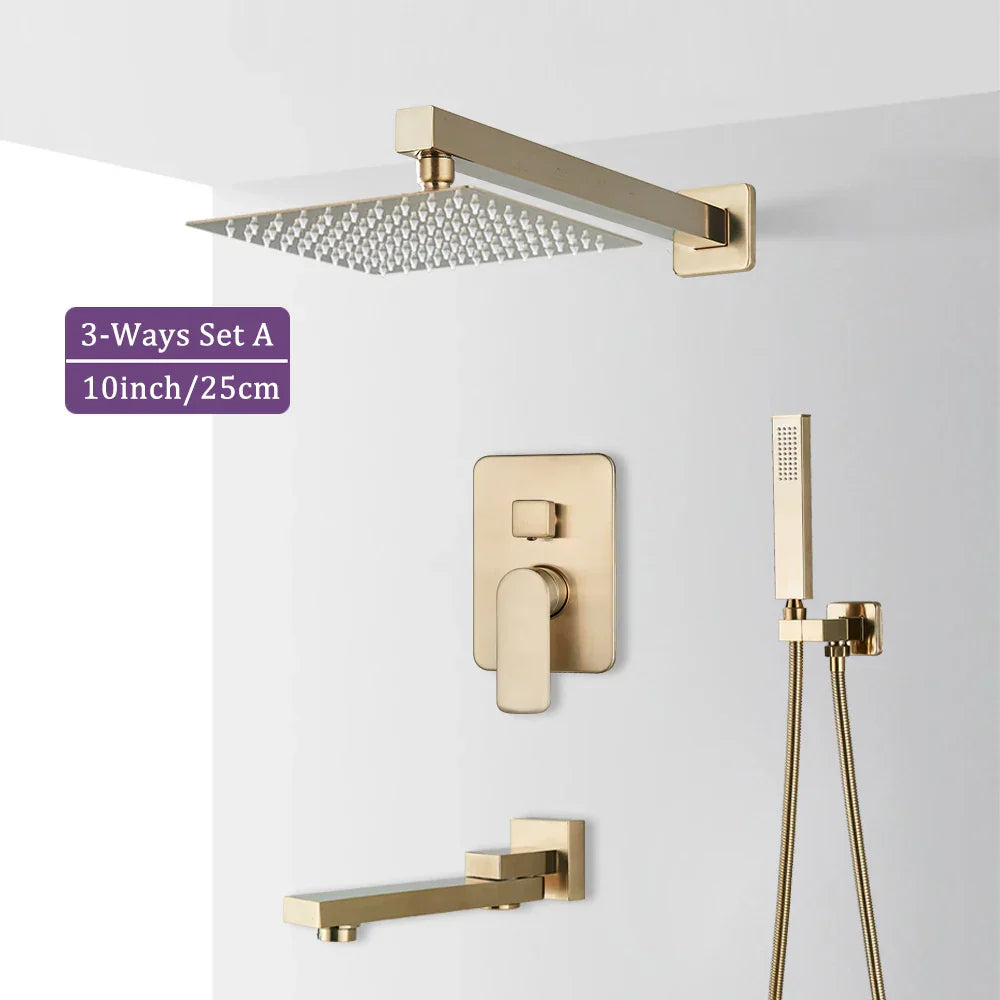 DecorBites™ Brushed Gold Shower Faucet Set 2/3 Way Rainfall Bathtub Mixer Wall Mounted Box