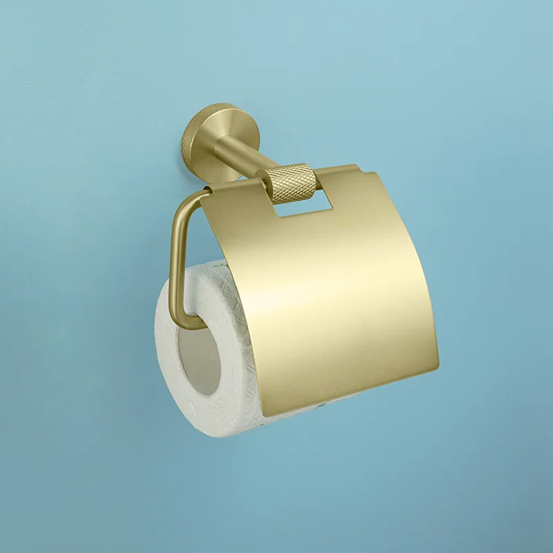 Conjunto de Hardware Decorbites™ Gold: Barra de Toallas, Soporte para Papel Higiénico, Gancho para Batas, Colgador de Tazas