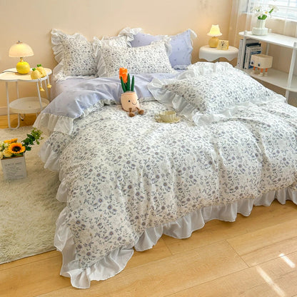 Decobites Korean Princess Floral Ruffles Bedding Set: Single/Queen Duvet, Cover, & Pillowcases