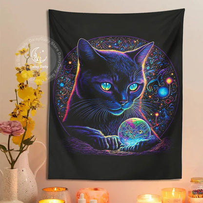 Decobites Black Cat Tapestry: Trippy Magic Crystal Ball Wall Art for Boho Home Decor