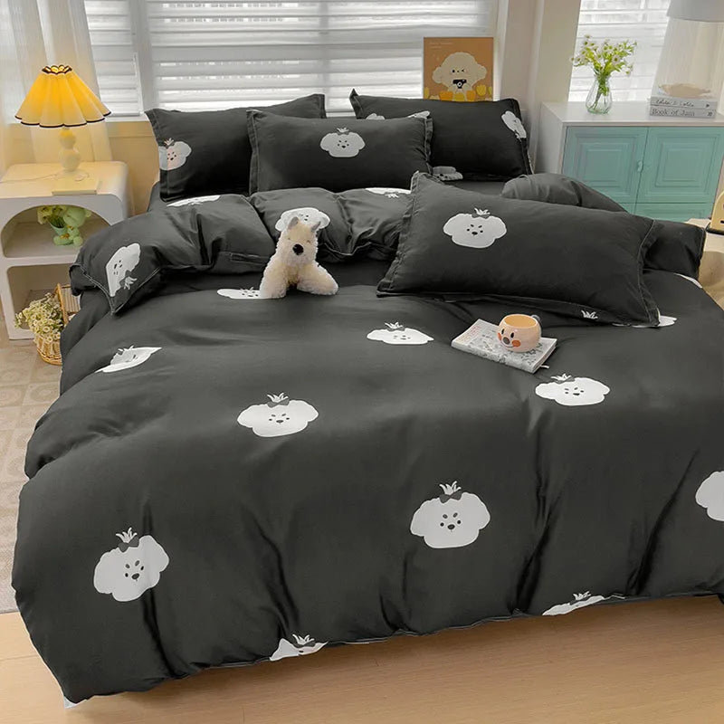 DecorBites™ Cartoon Printed Bedding Set: Soft Cozy Duvet Cover, Bedsheet, Pillowcase, Single Double Bedclothes