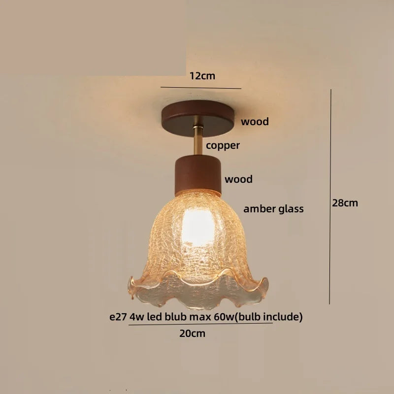 DecorBites™ Amber Ice Crack Glass Wood Ceiling Light - Nordic Modern LED Fixture