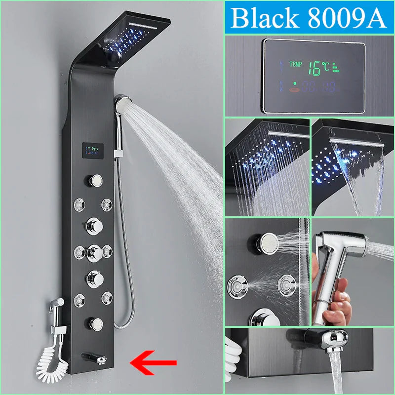 DecorBites™ LED Blue Light Shower System with Temperature Display, Massage Column, Waterfall Rainfall