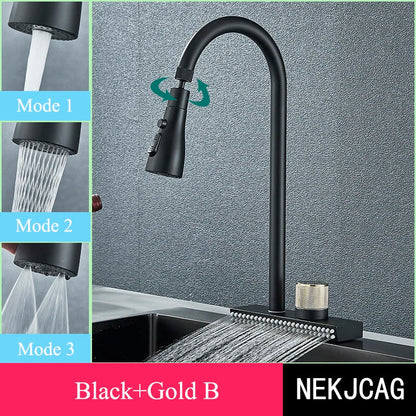 صنبور المطبخ الأسود DecorBites™: صنبور خلاط مرن قابل للسحب بثلاث فوهات