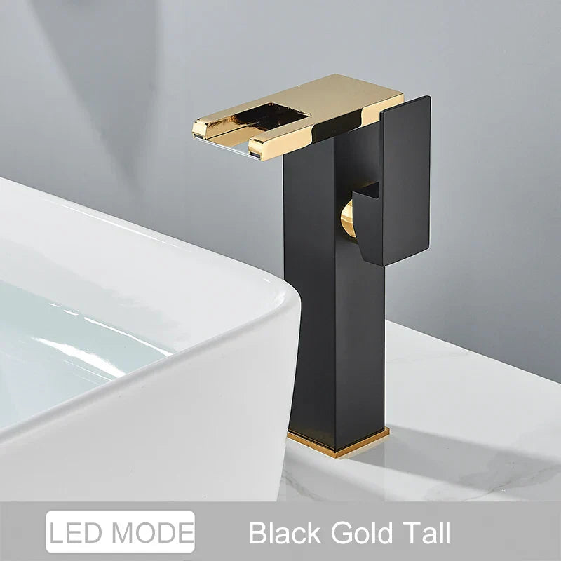 DecorBites™ Black LED Waterfall Bathroom Faucet, Deck Mounted, Three Color Change