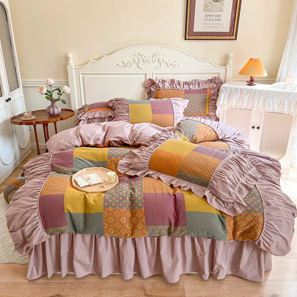 Decobites Vintage Cotton Double Layer Bedding Set with Ruffles & Pleat Details