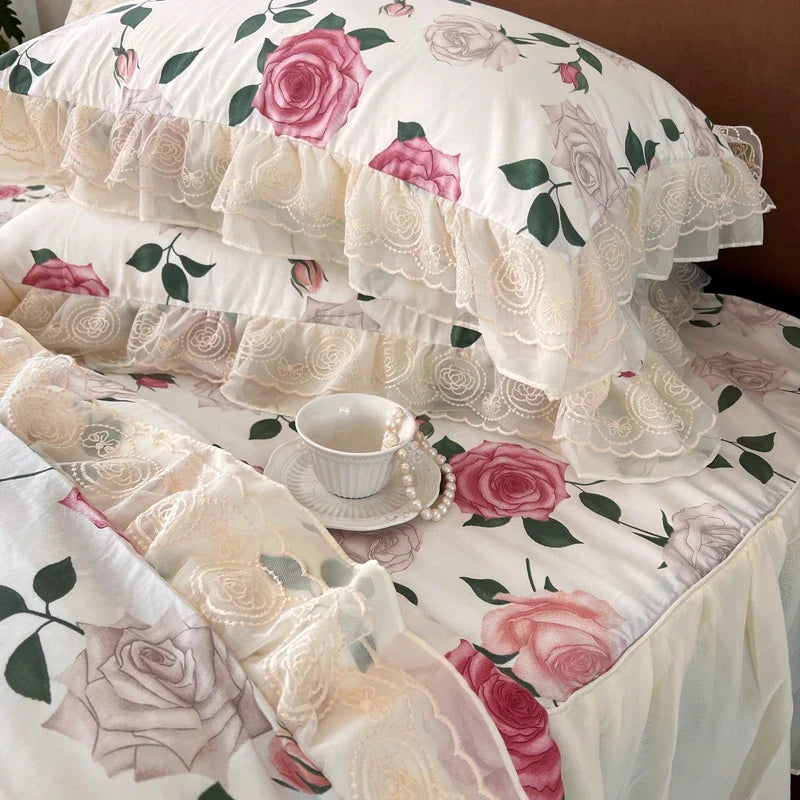 Decobites Vintage French Rose Flowers Double Layer Lace Ruffles Bedding Set