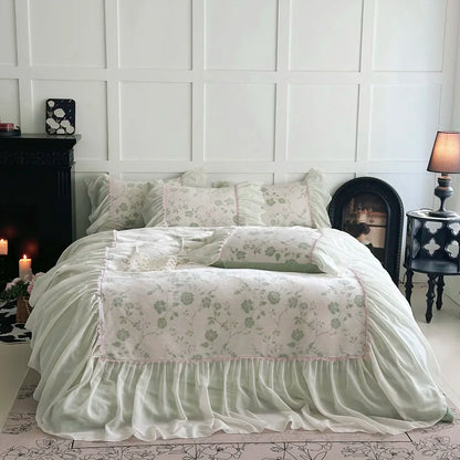 DecorBites™ Lace Ruffles Velvet Princess Bedding Set: Duvet, Sheet, Pillowcases