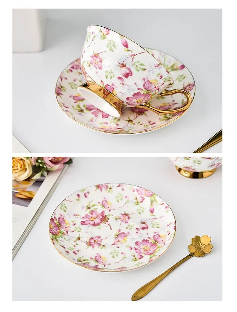 Juego de taza de té DecorBites™ de porcelana fina con platillo y cuchara - Elegante vajilla para fiestas de té negro