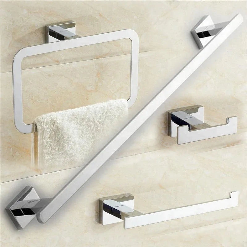 DecorBites™ Gold Brass Bathroom Hardware 4-Piece Set: Towel Bar, Towel Ring, Toilet Paper Holder, Robe Hook