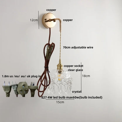 DecorBites™ مصباح حائط LED قابل للتعديل مصنوع من الزجاج الشفاف ومصباح بجانب السرير مصنوع من النحاس