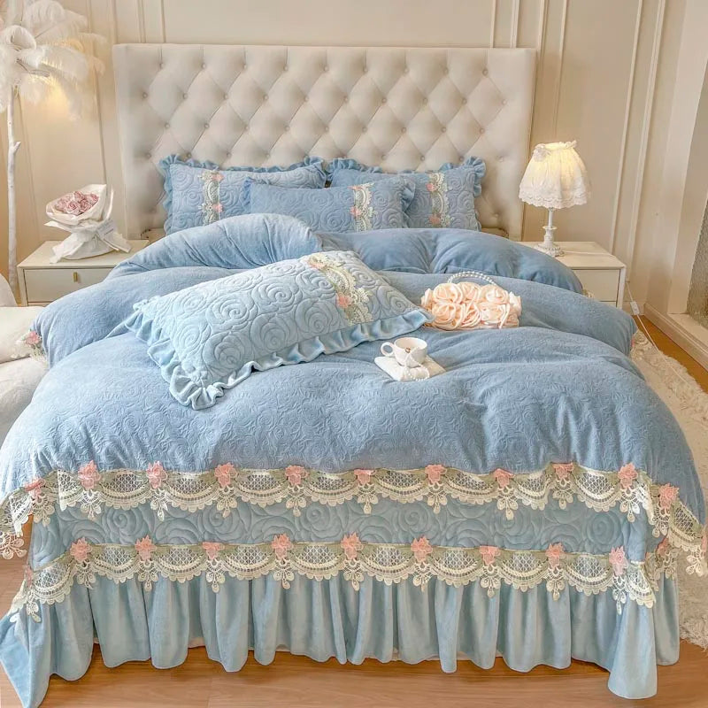 Decobites Pink Flowers Lace Ruffles Princess Velvet Bedding Set