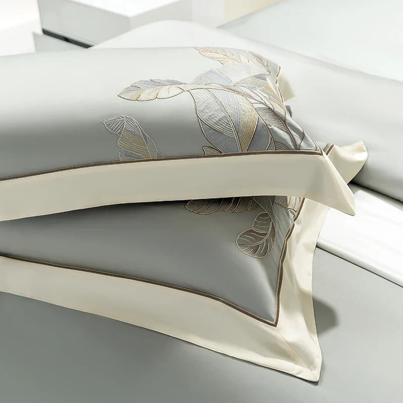 DecorBites™ Eucalyptus Lyocell Soft Silky Cool Bedding Set with Leaves Embroidery