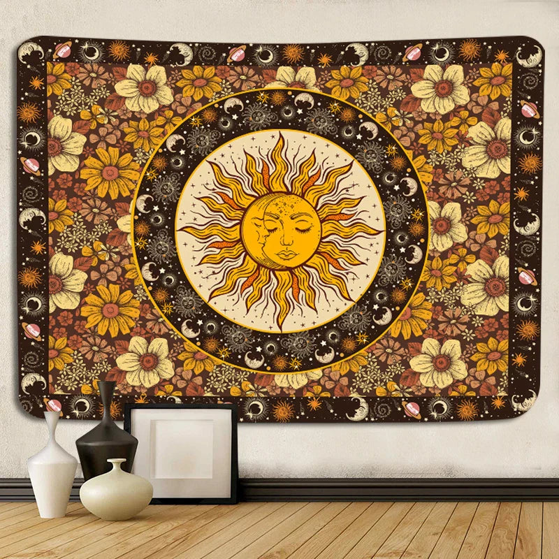 Sun Moon Tapestry Vintage Boho Wall Hanging by Decobites with Sunflowers Moth Constellation Aesthetic