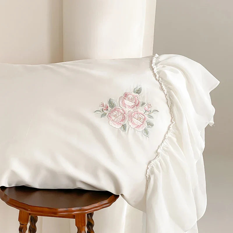 DecorBites™ Lace Ruffles Flowers Embroidery 4Pc Egyptian Cotton Bedding Set