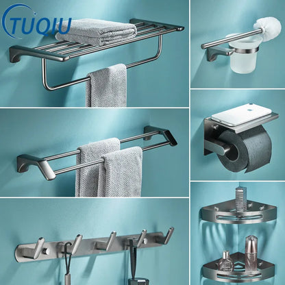 DecorBites™ Grey Bathroom Accessories Set: Paper Holder, Corner Shelf, Towel Rack, Toilet Brush Holder, Towel Holder