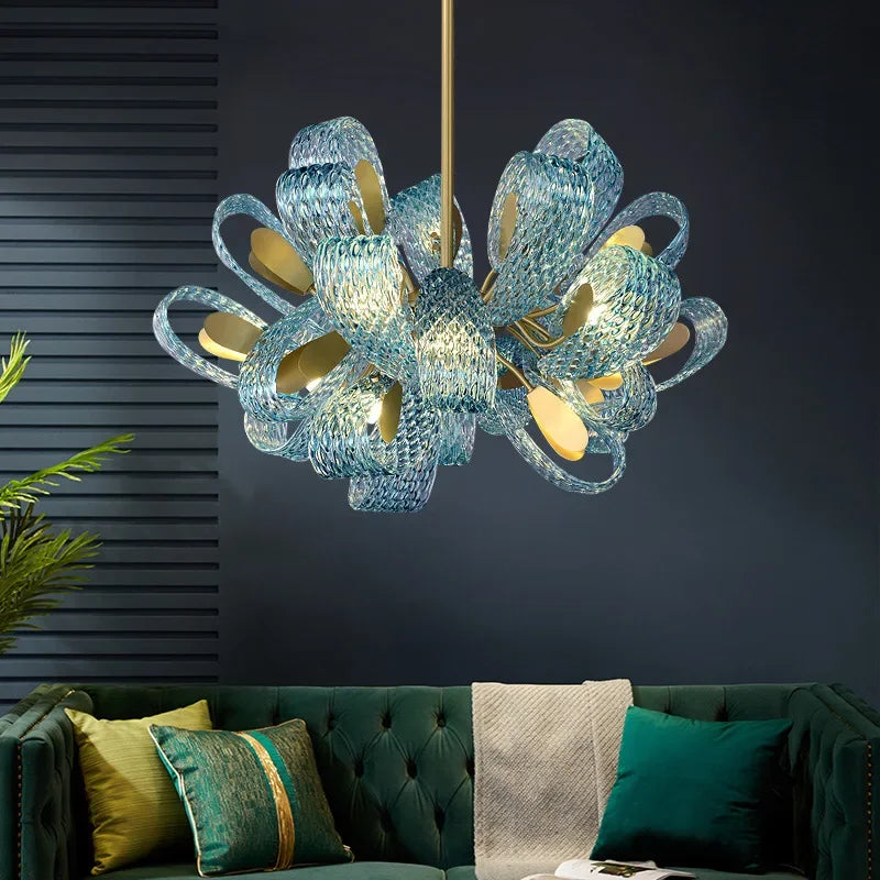 DecorBites™ Elegant Blue Copper LED Flower Ceiling Chandelier for Living Dining Bedroom & Salon
