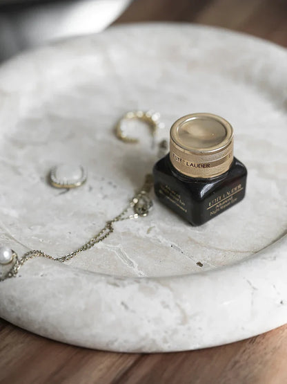 DecorBites™ Beige Travertine Serving Tray: Vintage Home Decor Round Vanity & Jewelry Plate