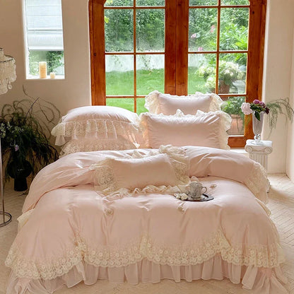 Decobites Princess Wedding Luxury Bedding Set 1200TC Egyptian Cotton Lace Ruffles Flowers Embroidery