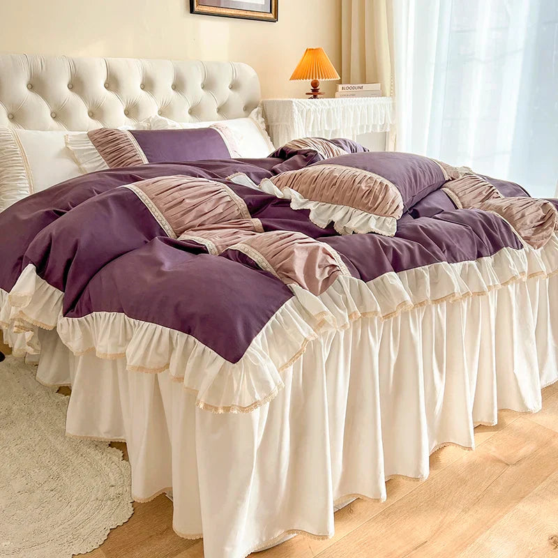 Decobites Korean Princess Style Cotton Bedding Set with Pleated Ruffles and Soft Quilt Cover