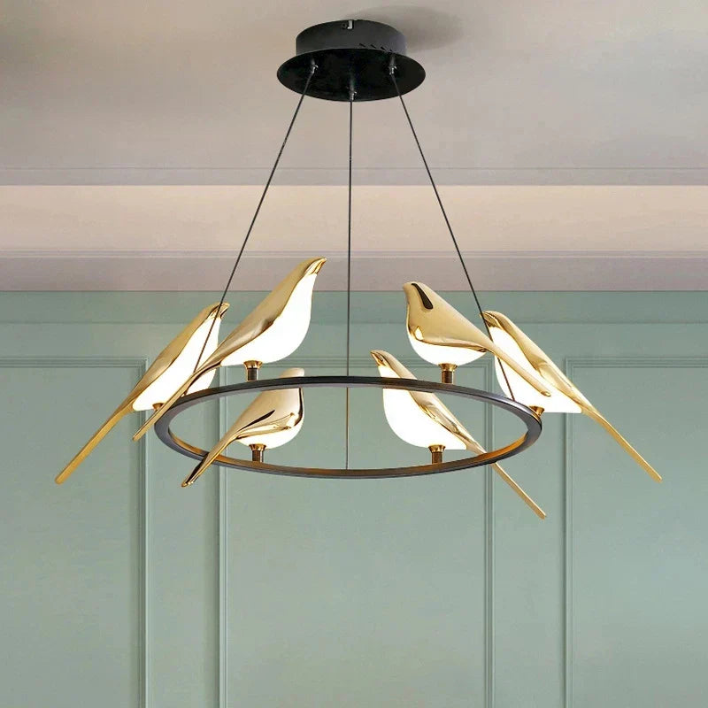 DecorBites™ Gold Magpie Bird Ceiling Chandelier | Modern LED Ring Light for Dining Room & Decor