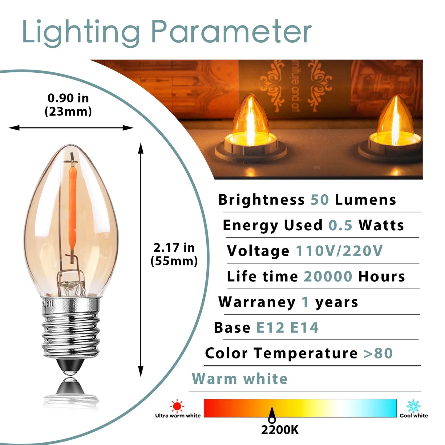 Bombilla LED de filamento DecorBites™ con cristal tintado dorado, tipo candelabro, regulable, 2200 K, 0,5 W, 110 V/220 V