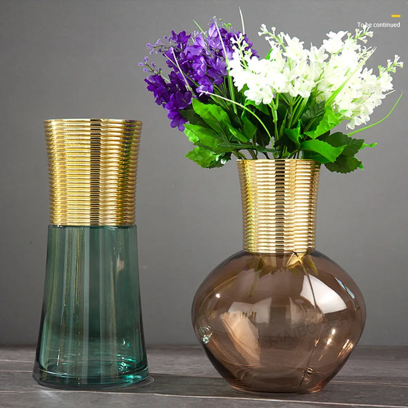 DecorBites™ Gold Metal Glass Vase: Round Transparent Terrarium for Home Decor & Flower Arrangement