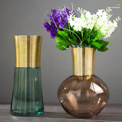 DecorBites™ Gold Metal Glass Vase: Round Transparent Terrarium for Home Decor & Flower Arrangement