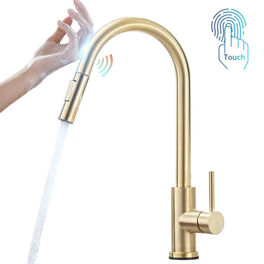 DecorBites™ Brushed Gold Smart Sensor Kitchen Faucet, Dual Outlet, Single Handle
