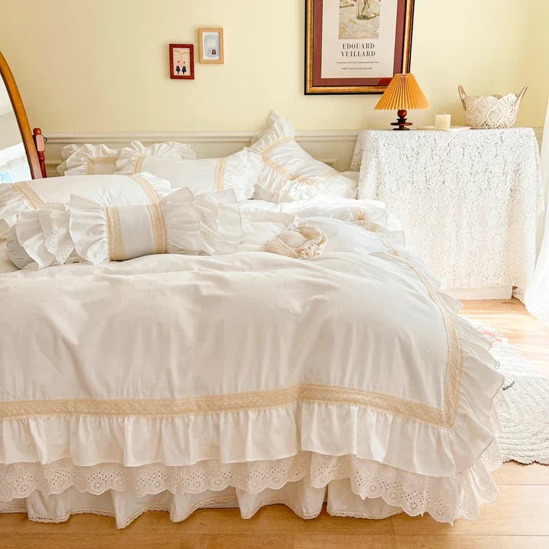 Decobites French Vintage Ruffles Embroidery Bedding Set, Cream White, 100% Cotton, Quilt Cover